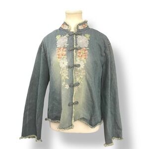 Chico's Design Denim Jacket Floral Embroidered Asian Style Size 3